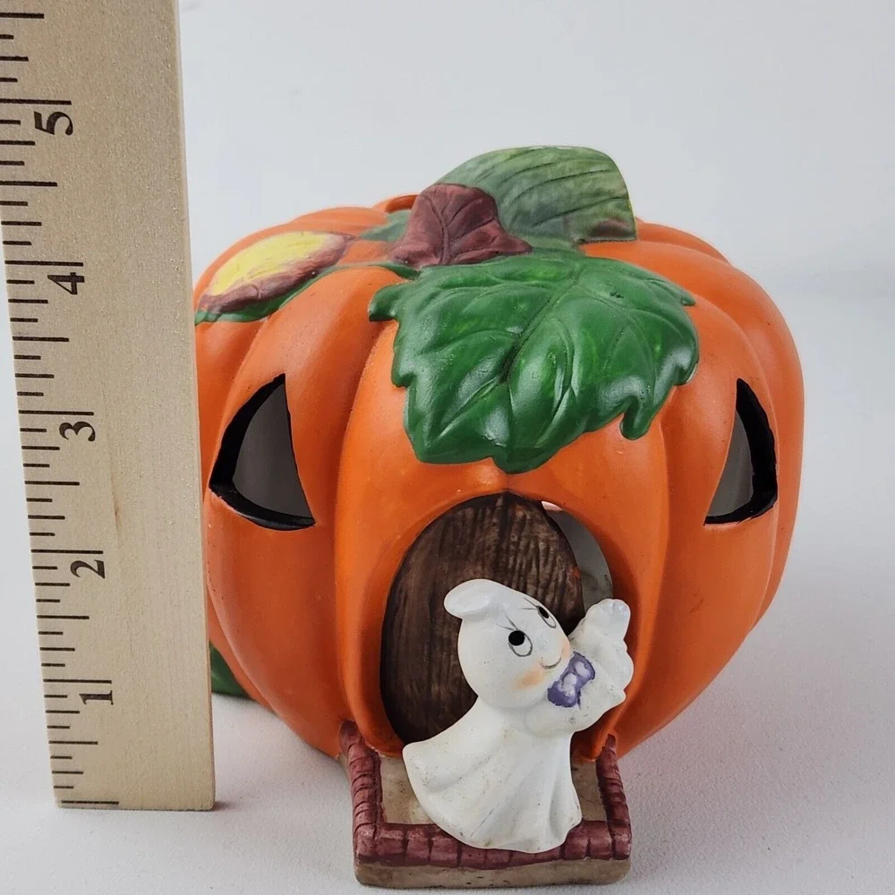 Vintage Halloween Ceramic Pumpkin and Ghost Tea Light Votive‎ Candle Holder
